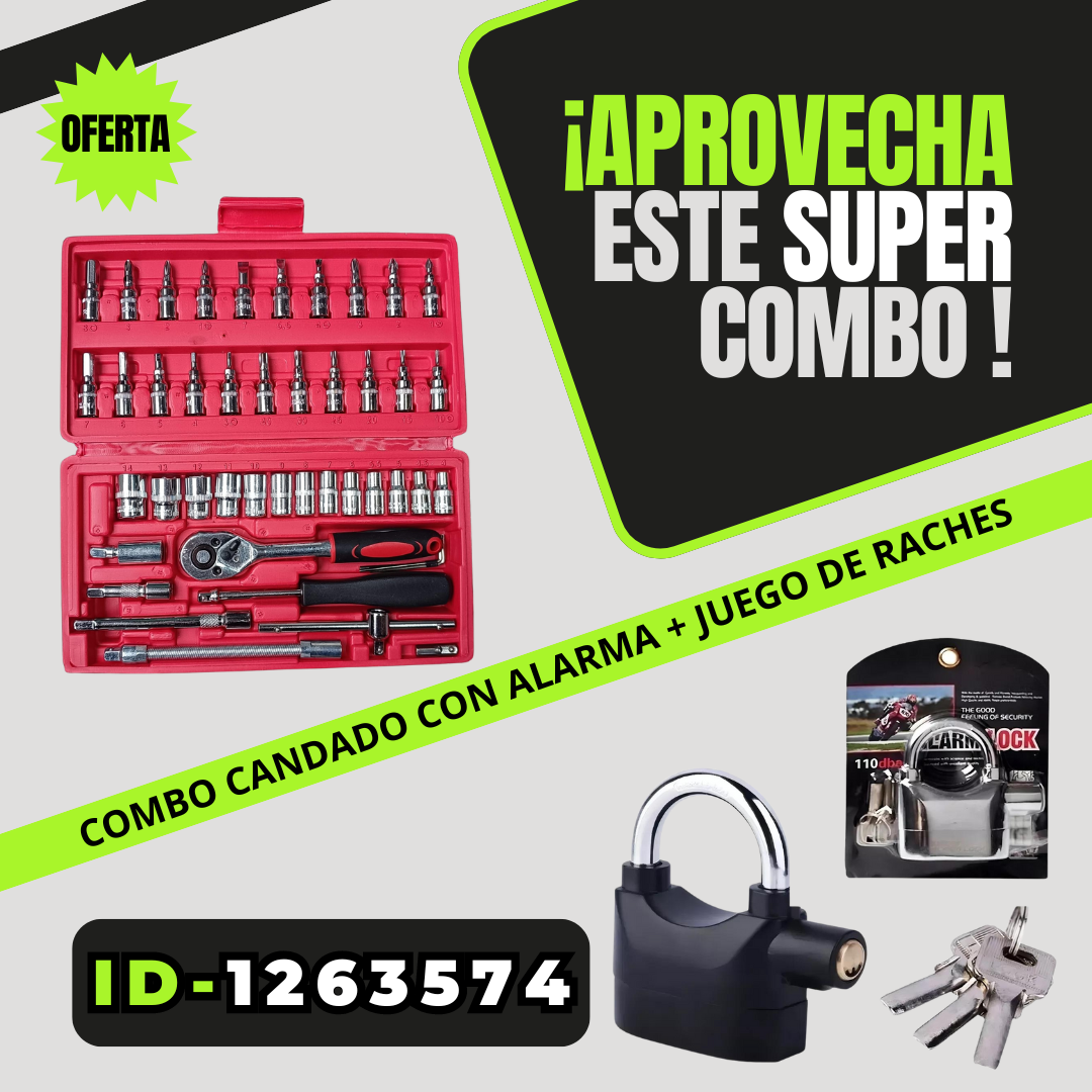 COMBO CANDADO ALARMA + JUEGO DE RACHES